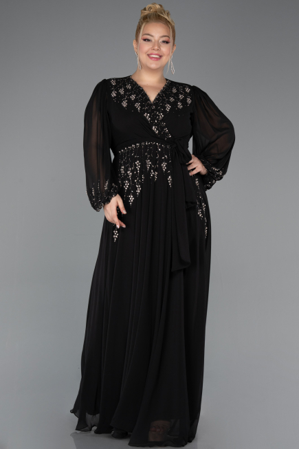 Long Black Chiffon Plus Size Evening Gown ABU5360