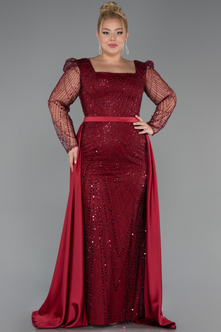 Burgundy Long Beaded Plus Size Engagement Dress ABU4761