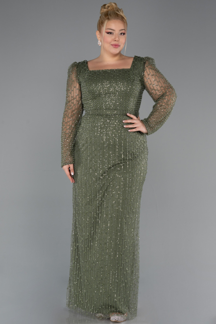 Long Olive Drab Beaded Plus Size Evening Dress ABU5433