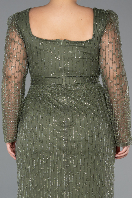 Long Olive Drab Beaded Plus Size Evening Dress ABU5433