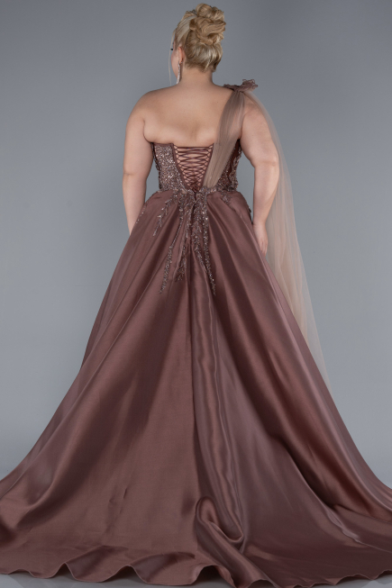 Light Brown Embroidered Long Plus Size Haute Couture Dress ABU4467