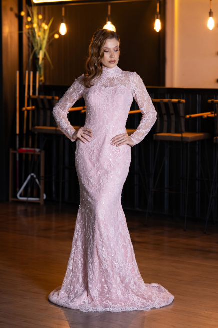 Long Powder Color Dantelle Haute Couture Dress ABU5462
