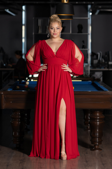 Long Red Chiffon Oversized Evening Dress ABU1988