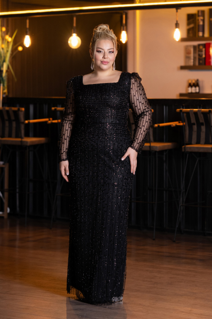 Long Black Beaded Plus Size Evening Dress ABU5433