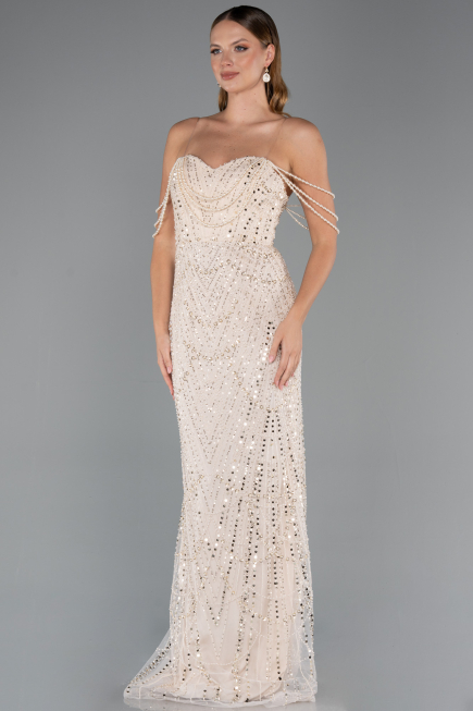 Long Beige Beaded Evening Dress ABU5477