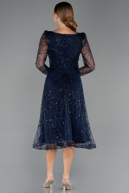 Midi Navy Blue Beaded Cocktail Dress ABK2469