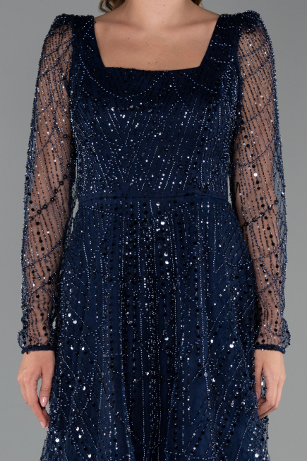Midi Navy Blue Beaded Cocktail Dress ABK2469