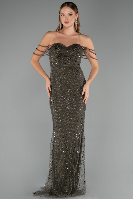 Long Olive Drab Beaded Evening Dress ABU5477