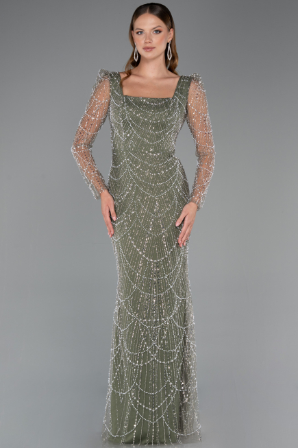 Olive Drab Long Beaded Plus Size Engagement Dress ABU4761