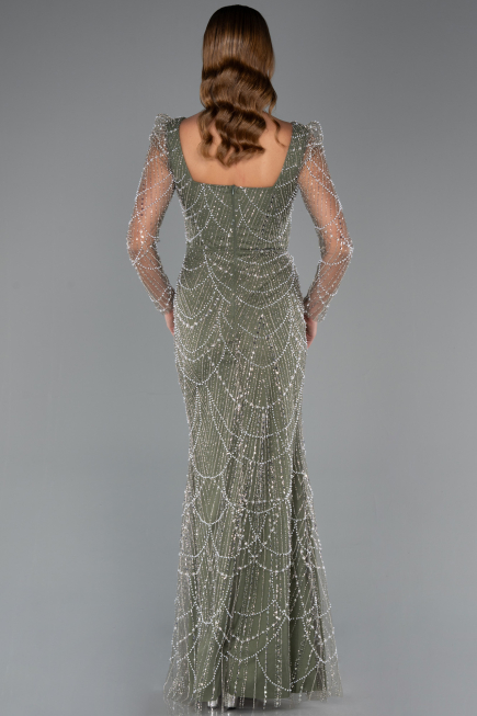 Olive Drab Long Beaded Plus Size Engagement Dress ABU4761