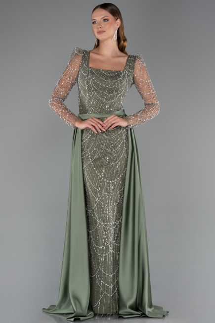 Olive Drab Long Beaded Plus Size Engagement Dress ABU4761