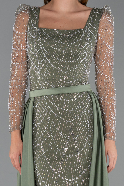 Olive Drab Long Beaded Plus Size Engagement Dress ABU4761