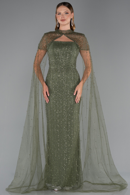 Long Olive Drab Beaded Evening Dress ABU5483