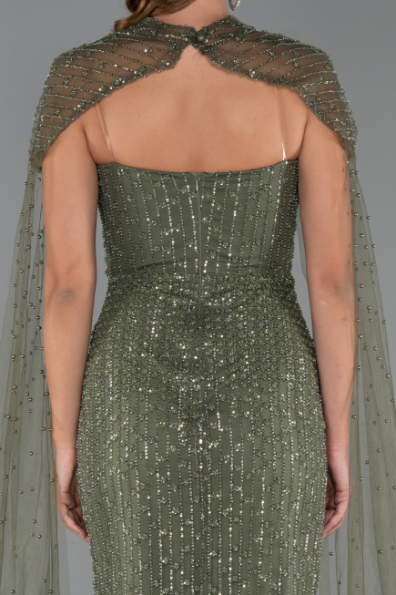 Long Olive Drab Beaded Evening Dress ABU5483
