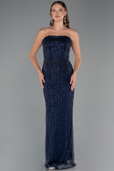 Long Navy Blue Beaded Evening Dress ABU5483