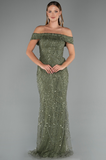 Long Olive Drab Beaded Evening Dress ABU5492