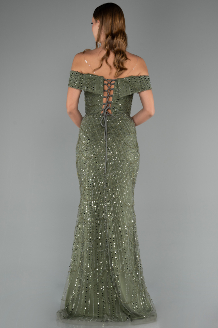 Long Olive Drab Beaded Evening Dress ABU5492