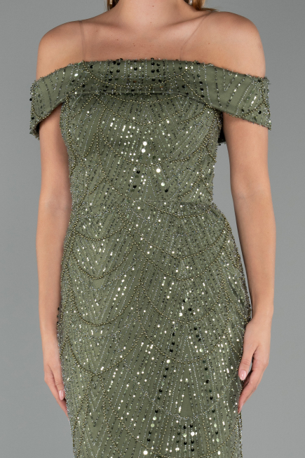Long Olive Drab Beaded Evening Dress ABU5492