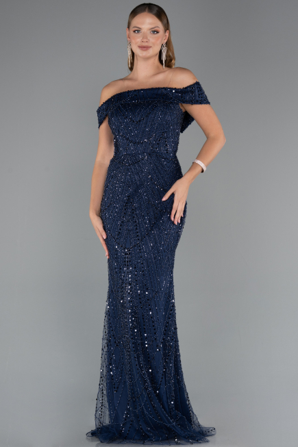 Long Navy Blue Beaded Evening Dress ABU5492