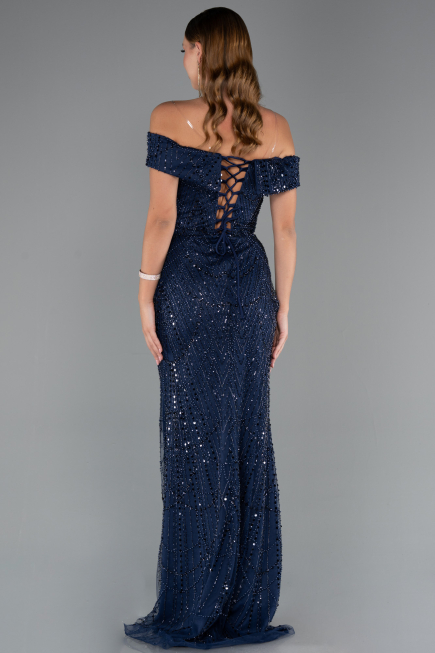 Long Navy Blue Beaded Evening Dress ABU5492