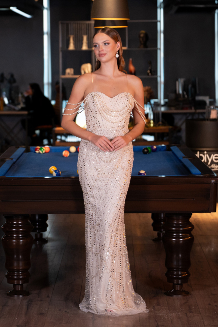 Long Beige Beaded Evening Dress ABU5477