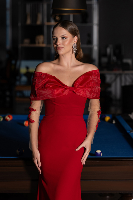 Red Boat Neck Guipure Long Sleeve Fishtail Evening Dress ABU4343
