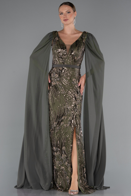 Long Olive Drab Beaded Evening Dress ABU5248