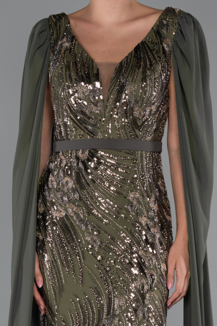 Long Olive Drab Beaded Evening Dress ABU5248