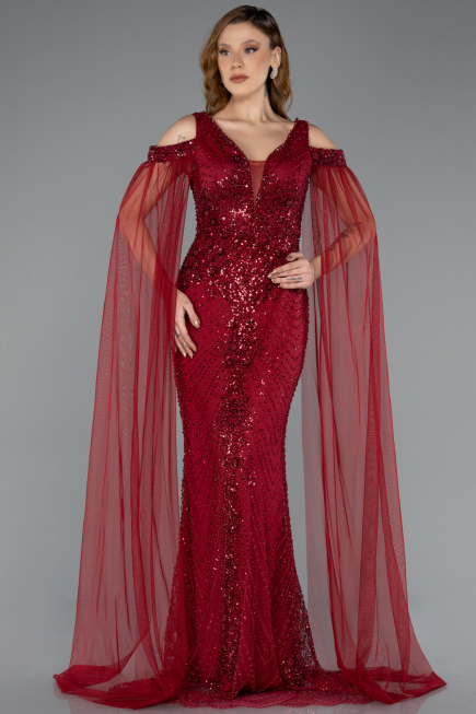 Long Burgundy Beaded Evening Dress ABU5497