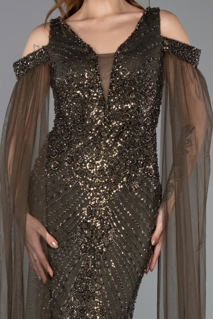 Long Olive Drab Beaded Evening Dress ABU5497