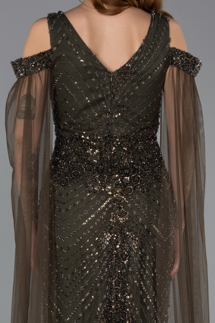 Long Olive Drab Beaded Evening Dress ABU5497