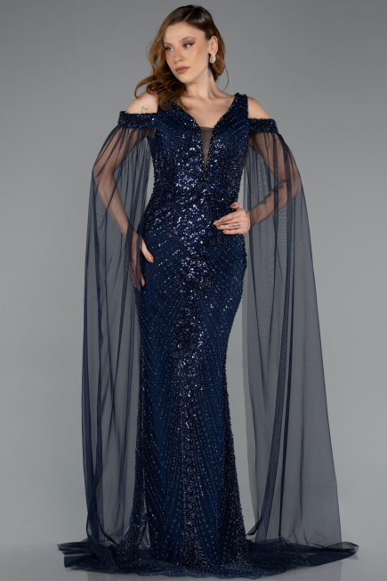 Long Navy Blue Beaded Evening Dress ABU5497
