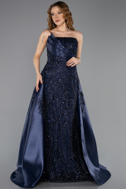 Long Navy Blue Beaded Evening Dress ABU5511