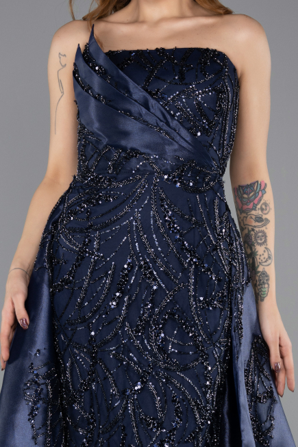 Long Navy Blue Beaded Evening Dress ABU5511