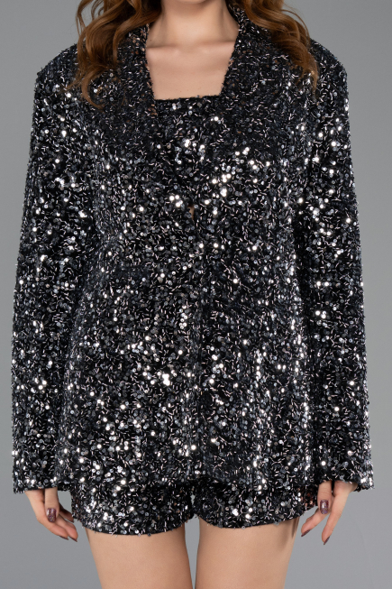 Short Black-Silver Sequined Velvet Party Dress ABK2481