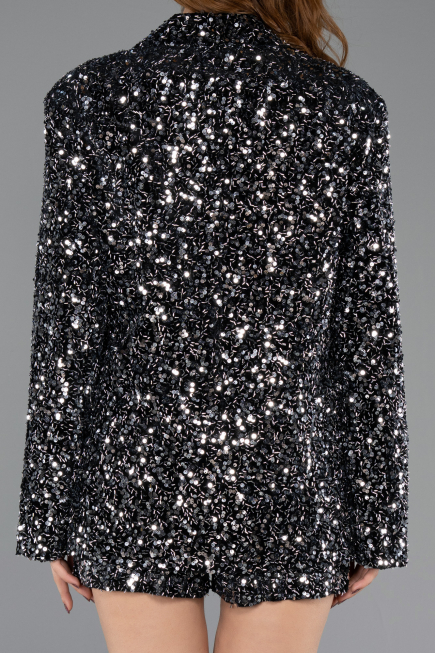 Short Black-Silver Sequined Velvet Party Dress ABK2481