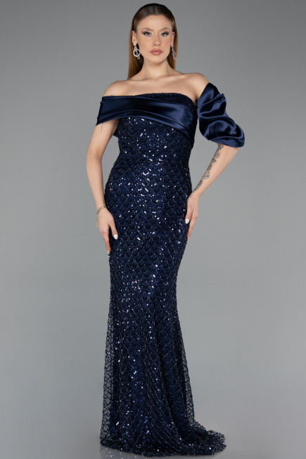 Long Navy Blue Scaly Evening Dress ABU5529