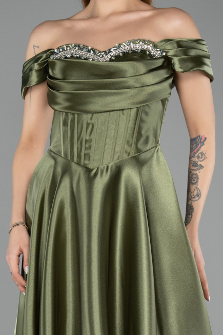 Long Olive Drab Satin Evening Dress ABU5530