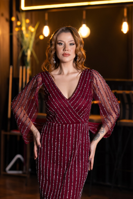 Long Burgundy Stony Evening Dress ABU5475