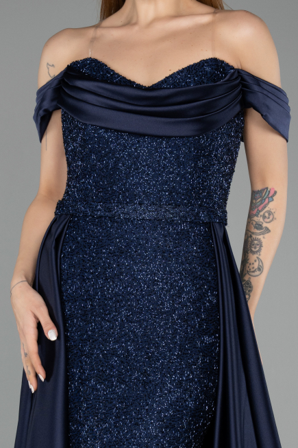 Long Navy Blue Beaded Evening Dress ABU5542