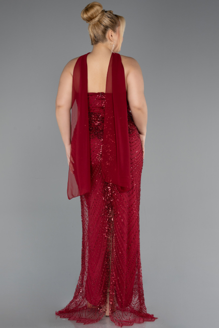 Long Burgundy Beaded Plus Size Evening Gown ABU5495