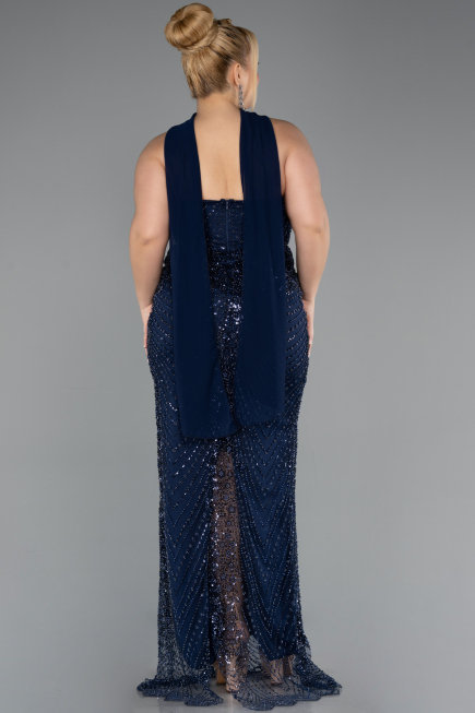 Long Navy Blue Beaded Plus Size Evening Gown ABU5495