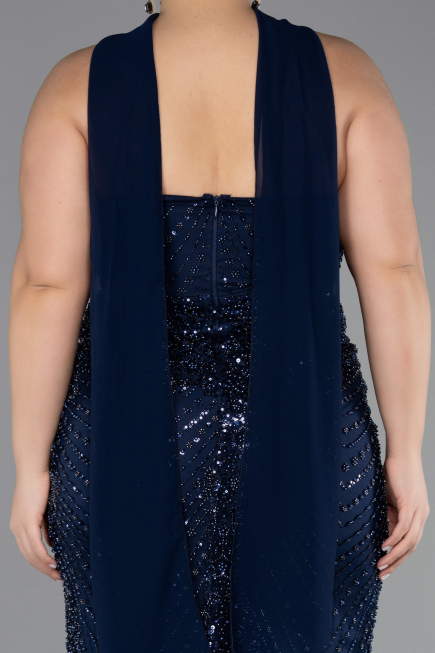 Long Navy Blue Beaded Plus Size Evening Gown ABU5495