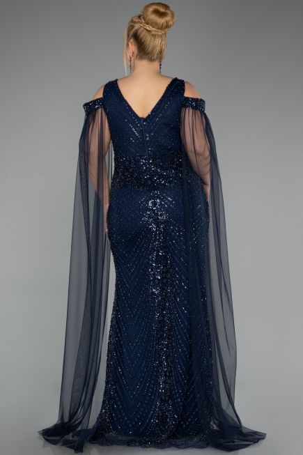 Long Navy Blue Beaded Plus Size Evening Gown ABU5498