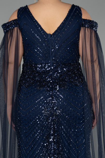 Long Navy Blue Beaded Plus Size Evening Gown ABU5498