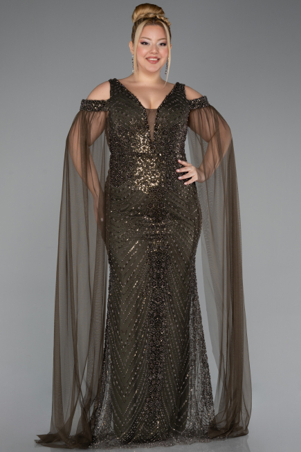 Long Olive Drab Beaded Plus Size Evening Gown ABU5498