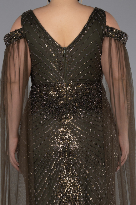 Long Olive Drab Beaded Plus Size Evening Gown ABU5498