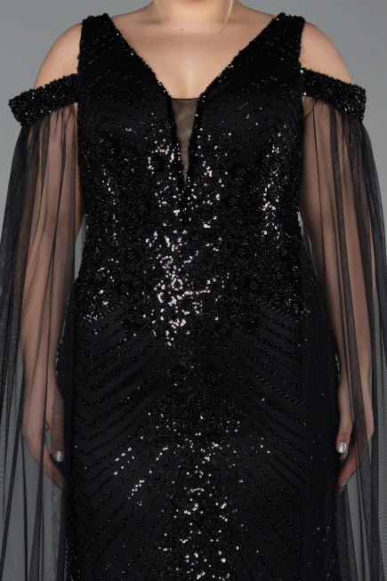 Long Black Beaded Plus Size Evening Gown ABU5498