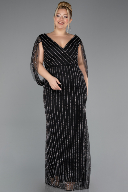 Long Black Stony Plus Size Evening Dress ABU5478