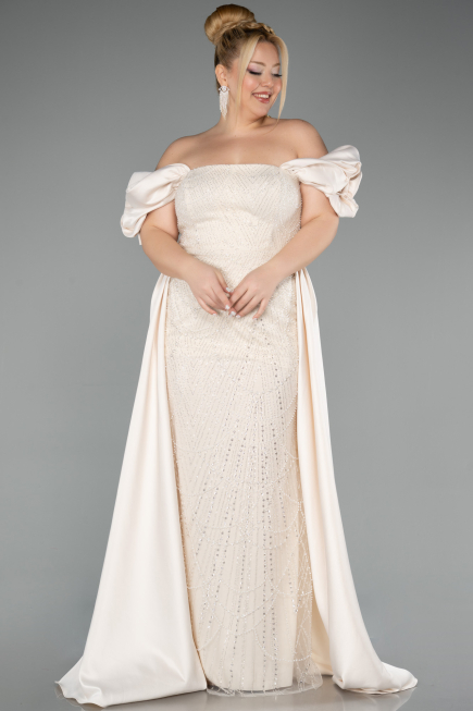 Beige Long Beaded Plus Size Evening Dress ABU5155